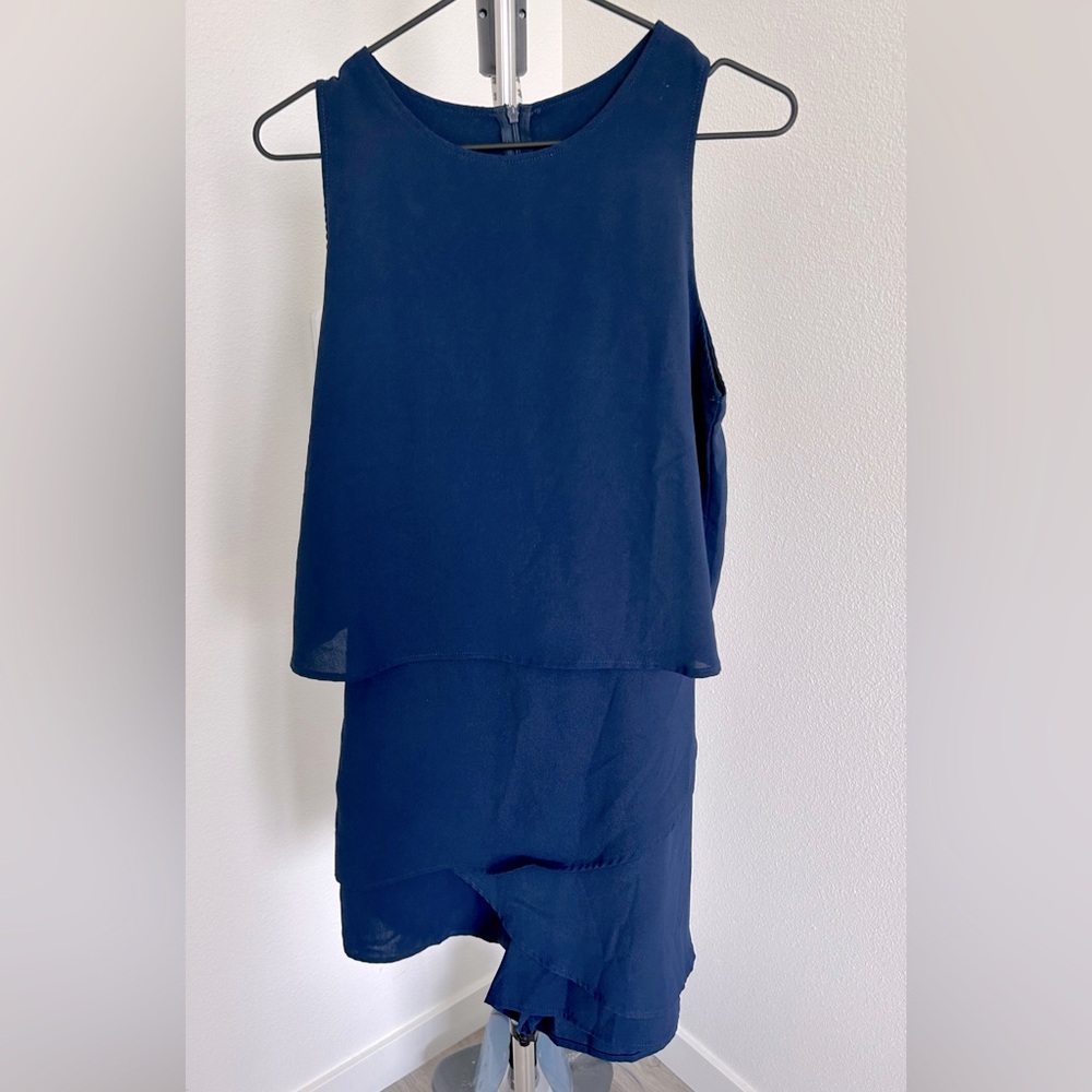 Navy Blue Crew Neck Sleeveless Chiffon Tiered One Piece Romper Jumpsuit